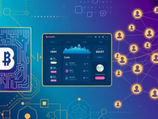 Three-panel illustration showing an NFT artwork with blockchain overlay, a DeFi lending dashboard with token symbols, and a Web3 network of user avatars connected by glowing lines.