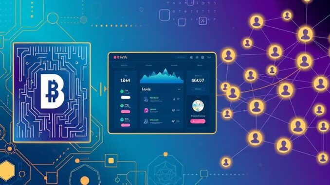 Three-panel illustration showing an NFT artwork with blockchain overlay, a DeFi lending dashboard with token symbols, and a Web3 network of user avatars connected by glowing lines.