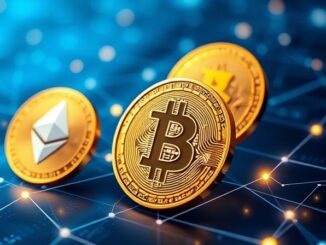 Digital Currency and Blockchain illustration showing Bitcoin and Ethereum coins rising from a glowing blockchain network grid with interconnected nodes and circuit lines.