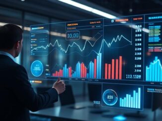 Futuristic market dashboard displaying real-time trends and strategic insights in a high-tech office