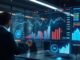 Futuristic market dashboard displaying real-time trends and strategic insights in a high-tech office