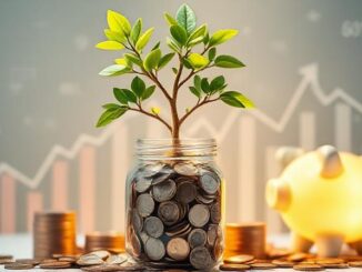 Money tree growing from a coin jar with upward arrows and charts representing compound interest and long-term financial growth