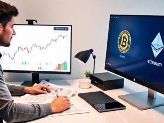 New investor comparing stock market vs. cryptocurrency investment options on dual screens