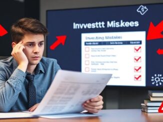 Beginner investor reviewing top 10 investing mistakes checklist with warning signs and declining financial charts