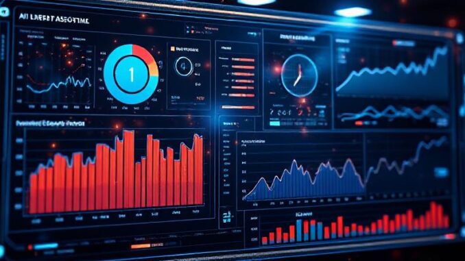 Futuristic data analytics dashboard with real-time trends and AI-driven insights