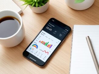 Smartphone showing SmartWallet personal finance app dashboard with charts and graphs on a wooden desk."