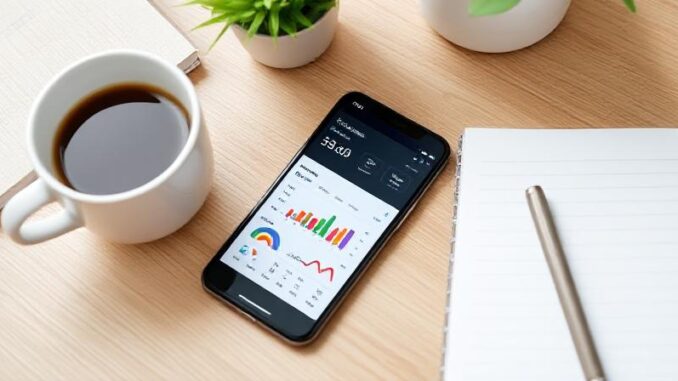 0181e326-5496-461f-8ccb-6473cd3ad973 Smartphone showing SmartWallet personal finance app dashboard with charts and graphs on a wooden desk."