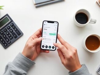 Person using smartphone with budgeting app on screen, surrounded by calculator, notebook, and coffee cup, illustrating simple money management.