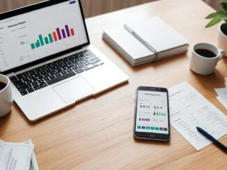 Personal finance dashboard on laptop and smartphone showcasing budgeting and investment tools for smart money management.